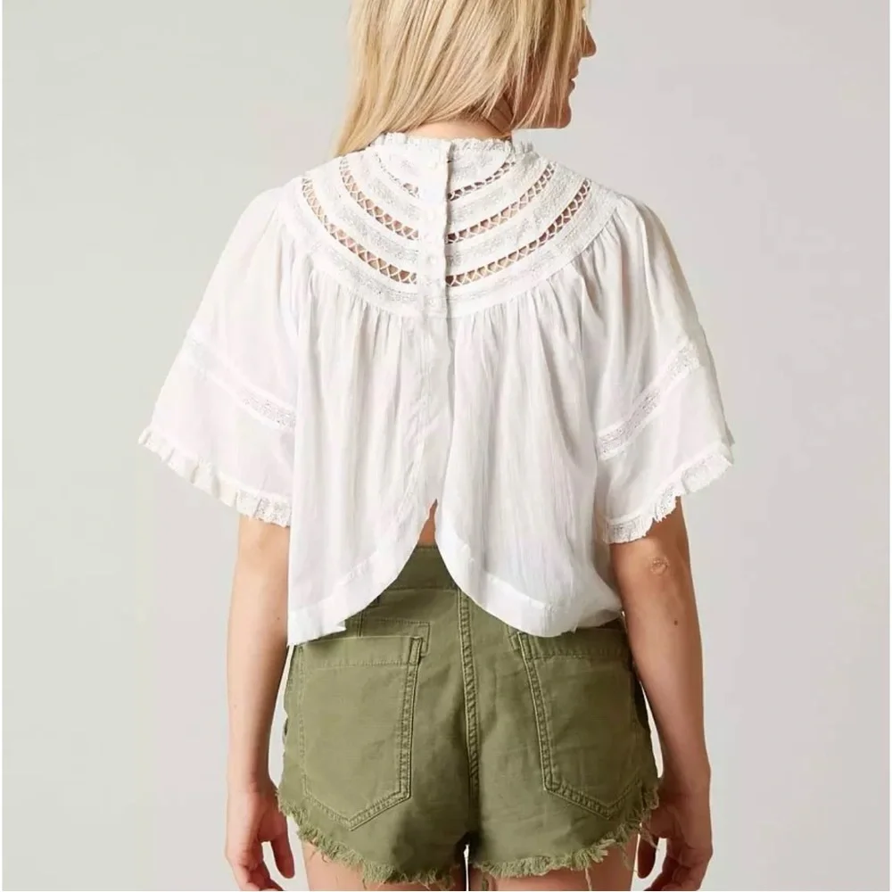 Free People White Crochet Yoke Flutter Sleeve Top